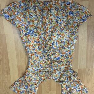 Astr Blue and Orange Floral Wrap Blouse Cap Sleeve